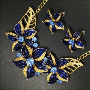 Betsey Johnson Gold and Blue Floral Necklace Earring set NEW